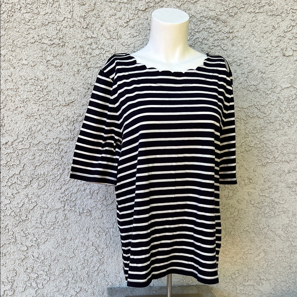 Talbots Black and White Striped Short Sleeve Tshirt Tee Classic Euro Scalloped